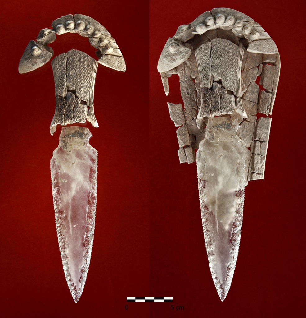 A rock crystal dagger discovered in a tomb in Valencina, Spain, dated between 3,200 and 2,200 years ago. 