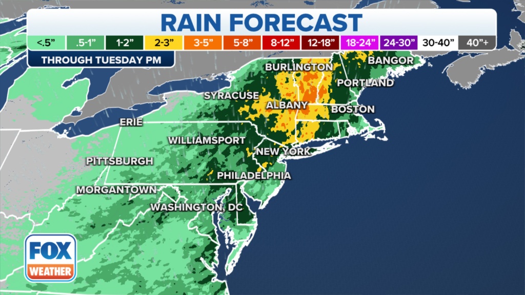 Rainfall forecast from the mid-Atlantic to the Northeast.