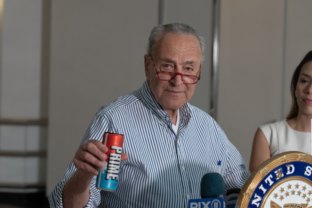 Chuck Schumer with a can of PRIME energy drink