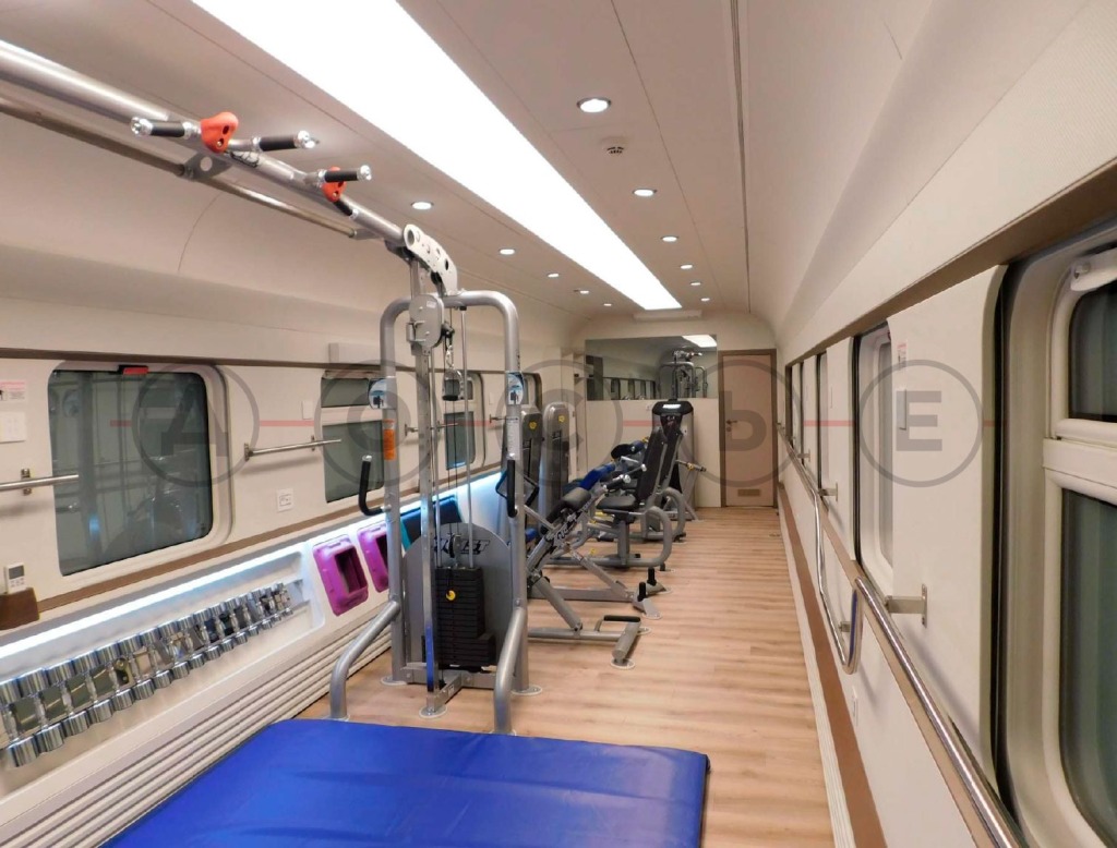 The weight room in the fitness center on Putin's train. It was recently reappointed with American-made machines