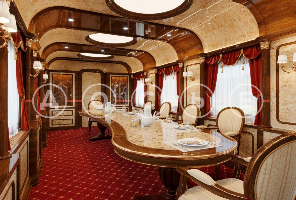 One of the ornately decorated dining rooms across the extensive train that Putin has used heavily in recent years