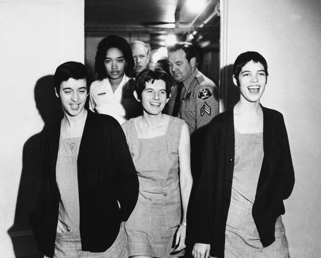 Leslie Van Houten (right) alongside fellow Manson followers Susan Atkins and Patricia Krenwinkel.