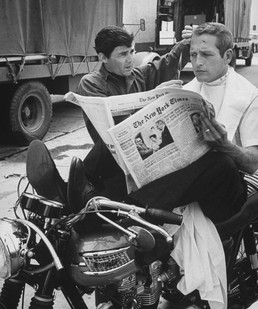 Sebring doing Paul Newman's hair on the set of "Moving Target."