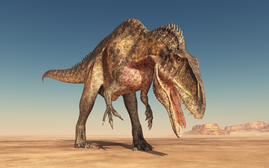 Computer generated 3D illustration with the dinosaur Acrocanthosaurus in the desert