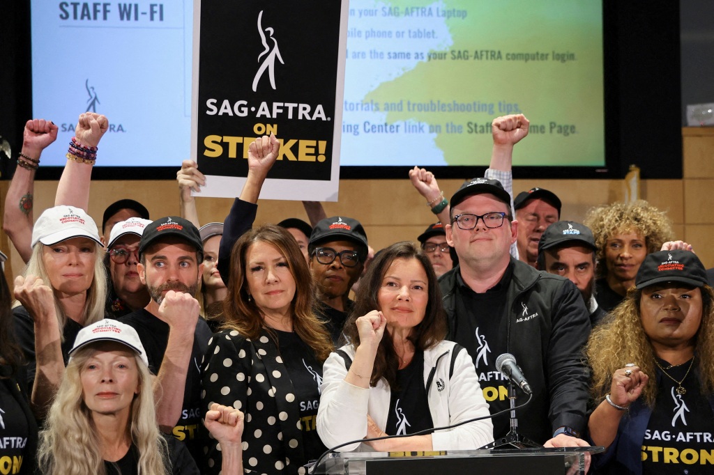 Fran Drescher with other union members after negotiations ended with the Alliance of Motion Picture and Television Producers, the entity that represents major studios and streamers