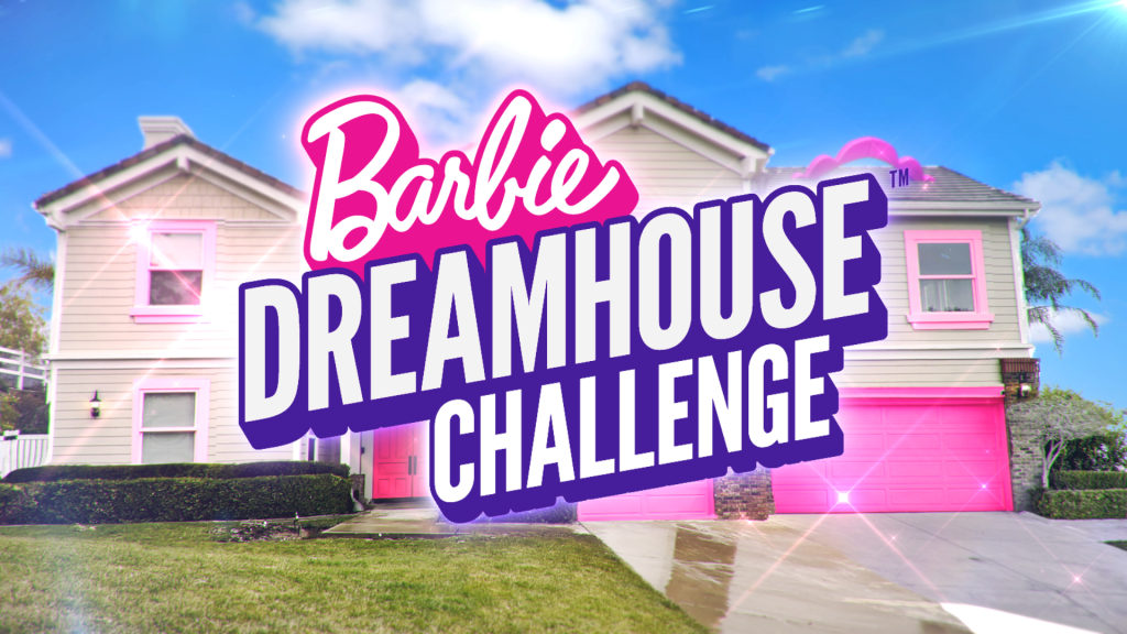 A photo of a white house with pink trim, and the text "Barbie Dreamhouse Challenge." 
