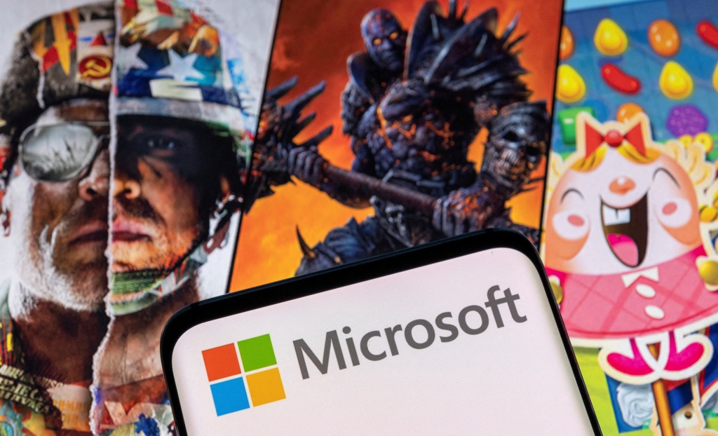 Microsoft logo and Activision Blizzard's games characters