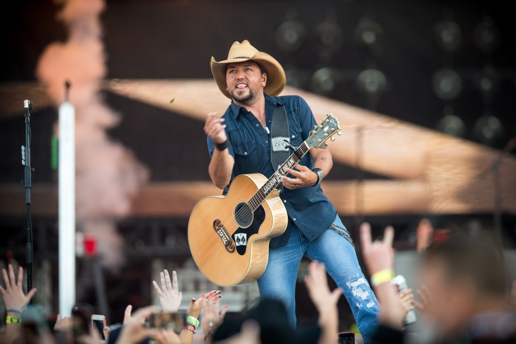 Jason Aldean performs during Kenny Chesney's The Big Revival Tour & Jason Aldean's Burn It Down 2015 at Rose Bowl on July 25, 2015 in Pasadena, California.  Jason Aldean performs during Kenny Chesney's The Big Revival Tour & Jason Aldean's Burn It Down 2015 at Rose Bowl on July 25, 2015 in Pasadena, California.  