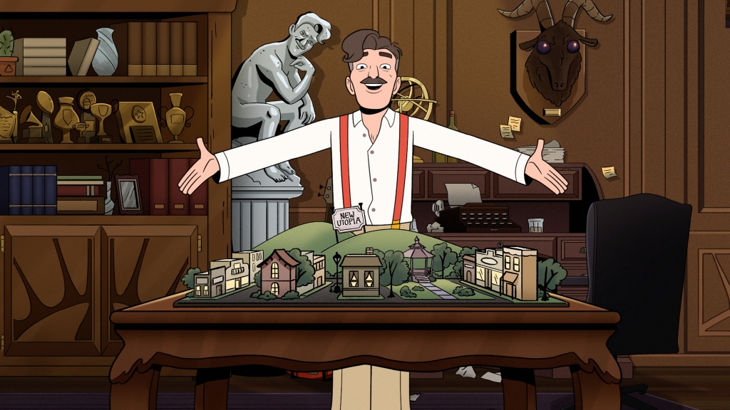 Petey's father, played by Stephen Root. He's standing in front of a miniature version of his cult town New Utopia and has his arms spread out, as if he's introducing it. He's got a mustache and is wearing reddish suspenders.