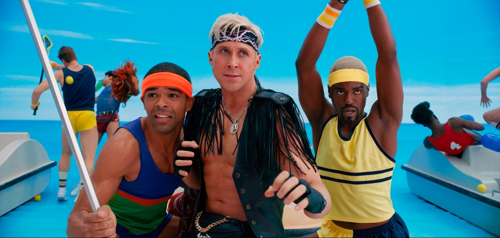 This image released by Warner Bros. Pictures shows Kingsley Ben-Adir, from left, Ryan Gosling and Ncuti Gatwa in a scene from "Barbie." 