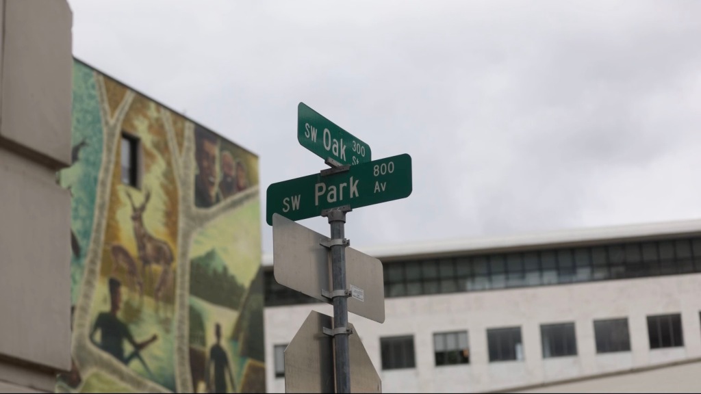 Signs for Southwest Park Avenue and Oak Street in Portland, Oregon