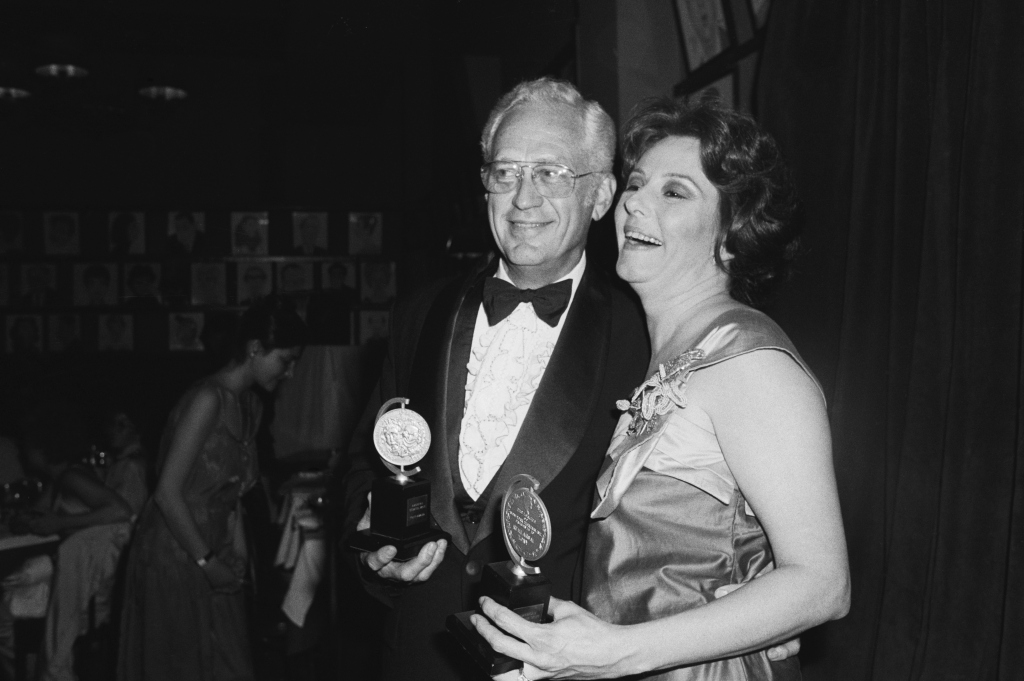 Henderson Forsythe and Carlin Glynn hold their Tony Awards for "The Best Little Whorehouse in Texas."