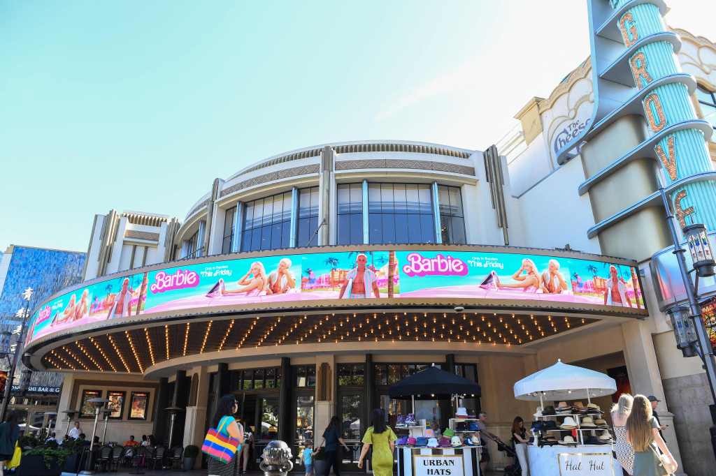 Grove's Theater marquee announcing the opening of "Barbie" movie is pictured in Los Angeles California, on July 20, 2023. "Oppenheimer" is facing off against "Barbie" in the biggest clash of Hollywood summer blockbusters, with both opening on the same day in a duel the media has dubbed "Barbenheimer". (Photo by VALERIE MACON / AFP) (Photo by VALERIE MACON/AFP via Getty Images)