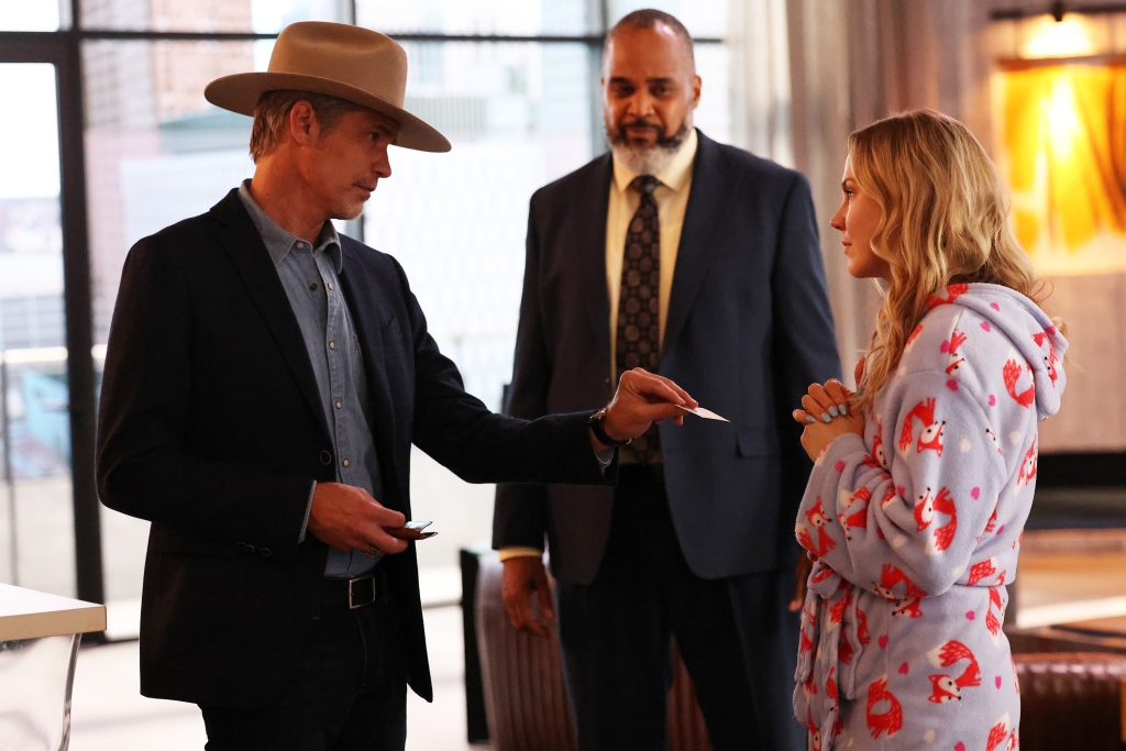Timothy Olyphant, Victor Williams, and Adelaide Clemens in "Justified: City Primeval" looking at each other. 