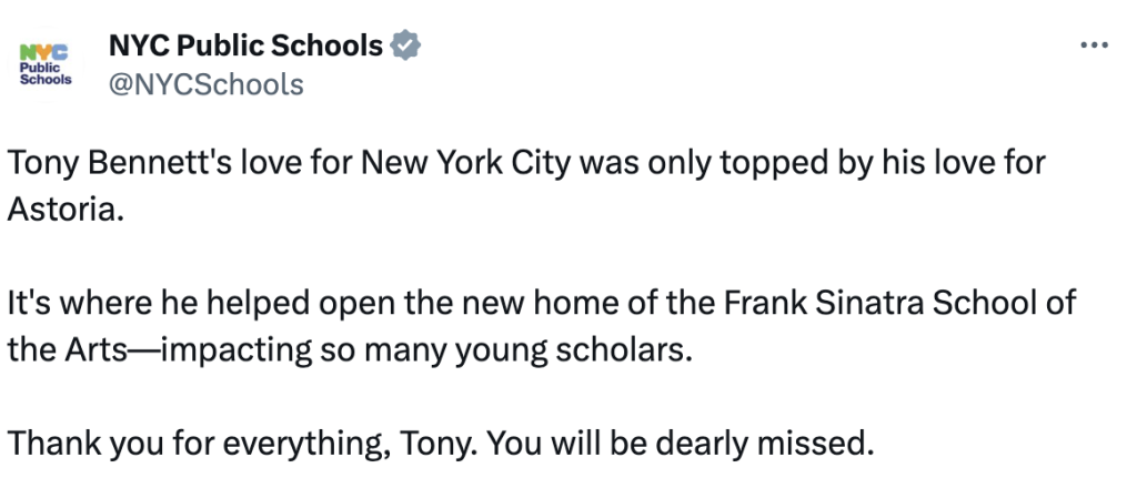 NYC Public Schools honor Tony Bennett on Twitter. 