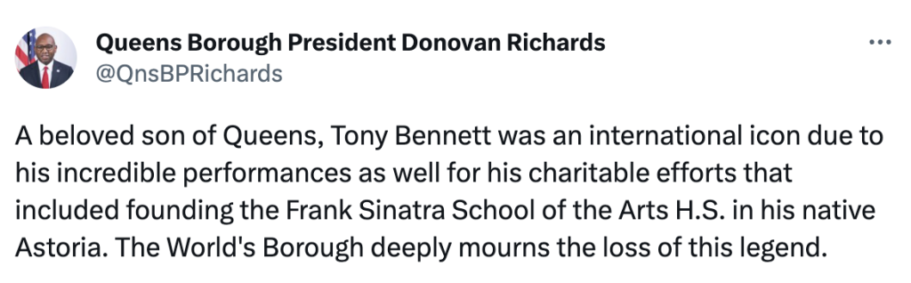 Queens Borough President Donovan Richards honors Tony Bennett on Twitter. 