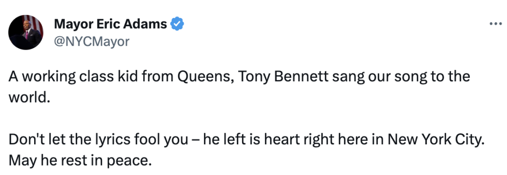 Eric Adams honored Tony Bennett on Twitter. 