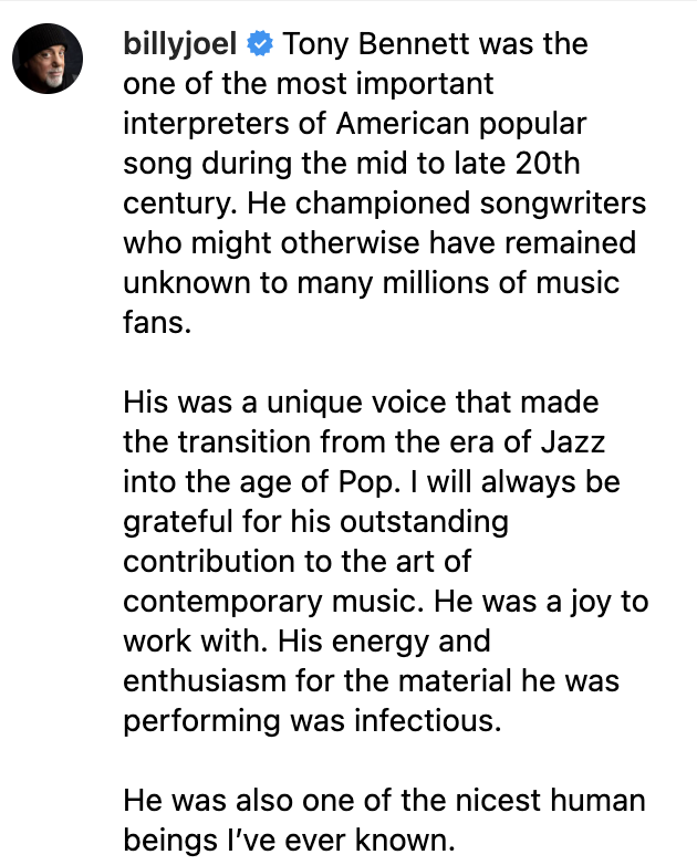 Billy Joel honors Tony Bennett on Instagram. 