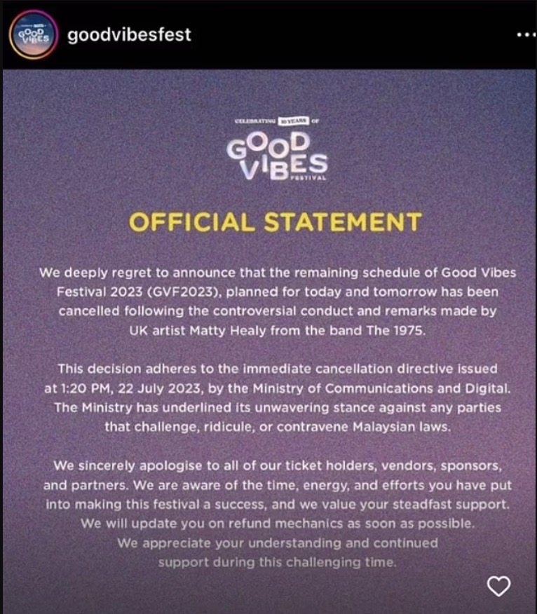 The Good Vibes Festival released a statement shortly after announcing that Malaysia’s Ministry of Communications and Digital had canceled the three-day event due to the “controversial conduct and remarks” made by Healy.