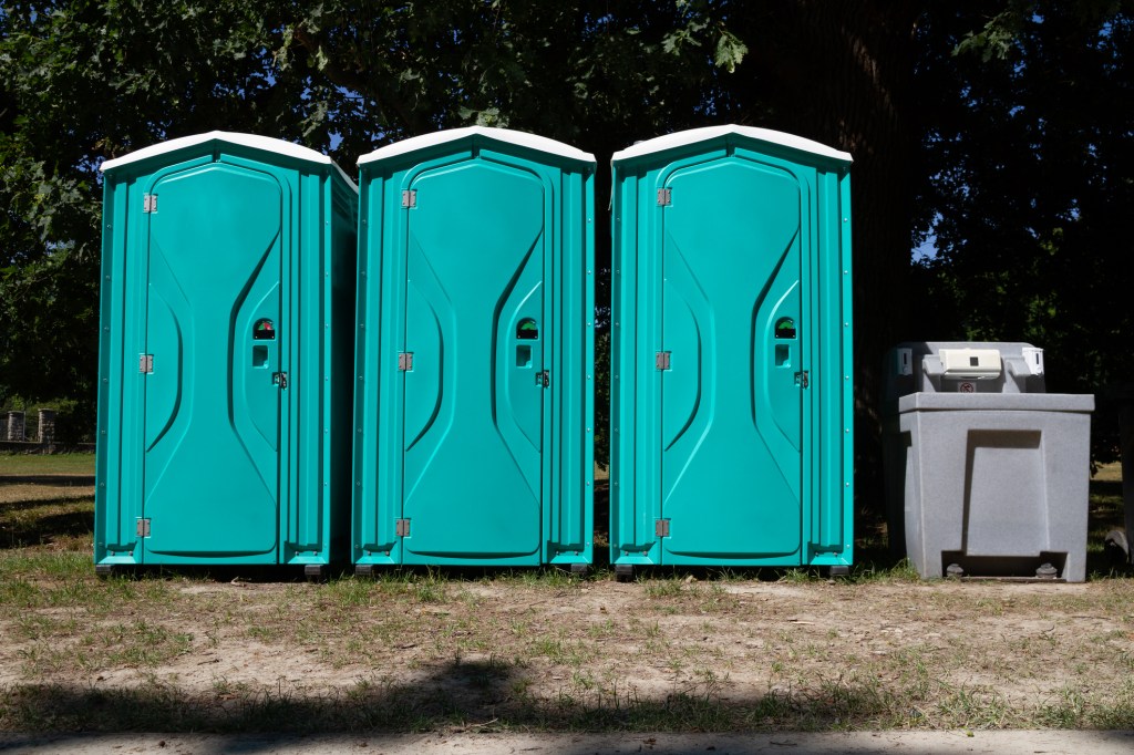 Blue portable toilets.