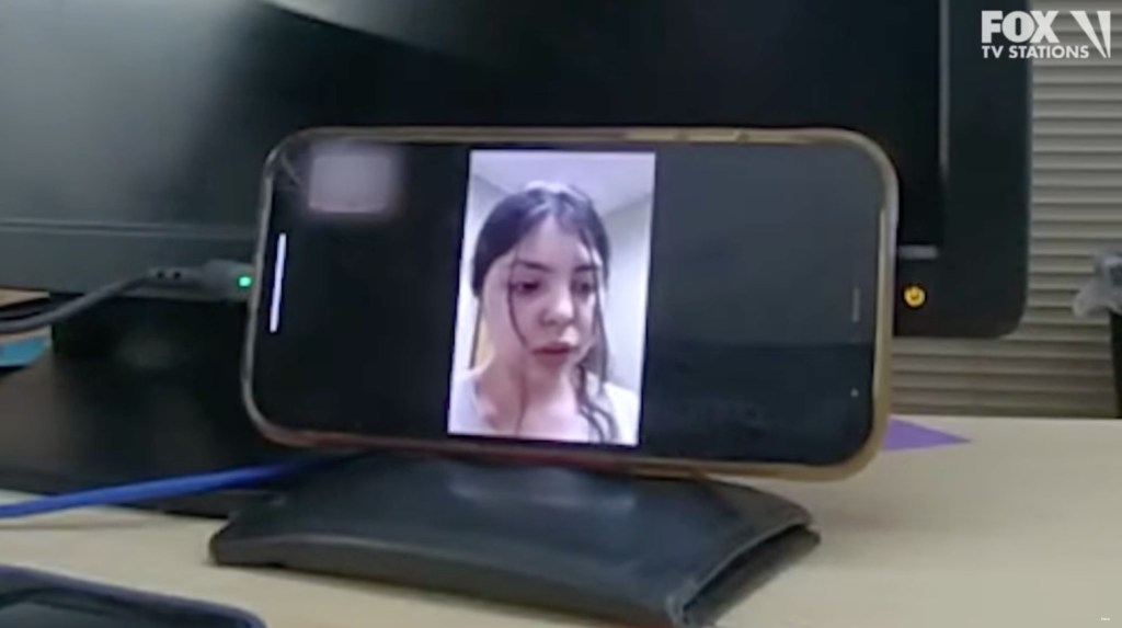 Missing girl Alicia Navarro, 18, is seen talking to police in her hometown of Glendale, Arizona, via video after she turned up in a remote Montana town. 