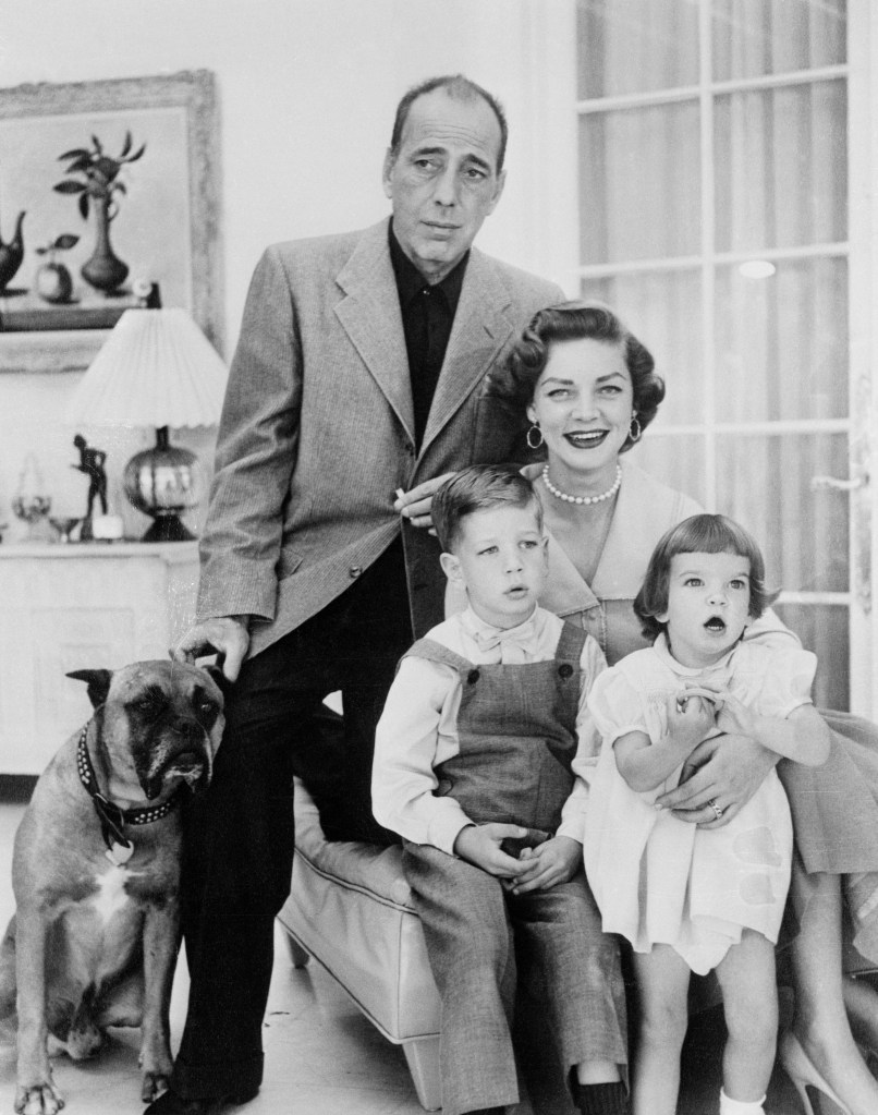 Humphrey Bogart and Lauren Bacall with children, Stephen and Leslie, and family dog.