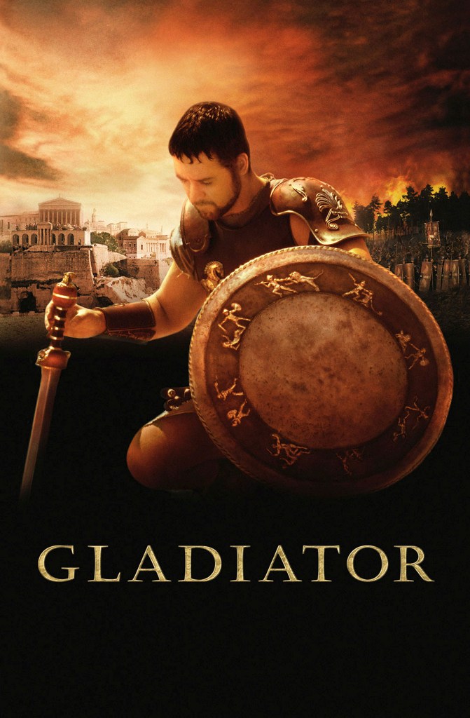 The "Gladiator" movie poster with Russell Crowe holding a shield and sword. 