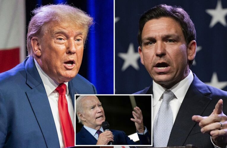 DeSantis, Trump appear at same Iowa GOP event, both blast Biden