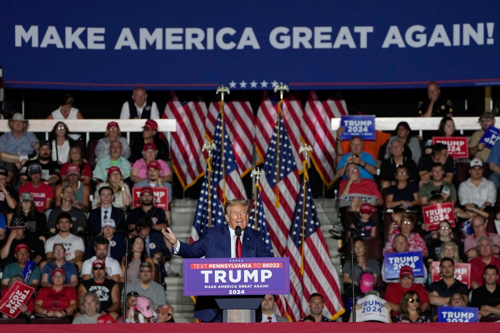 Republican presidential candidate, former President Donald Trump speaks during a campaign rally, Saturday, July 29, 2023, in Erie, Pa. 