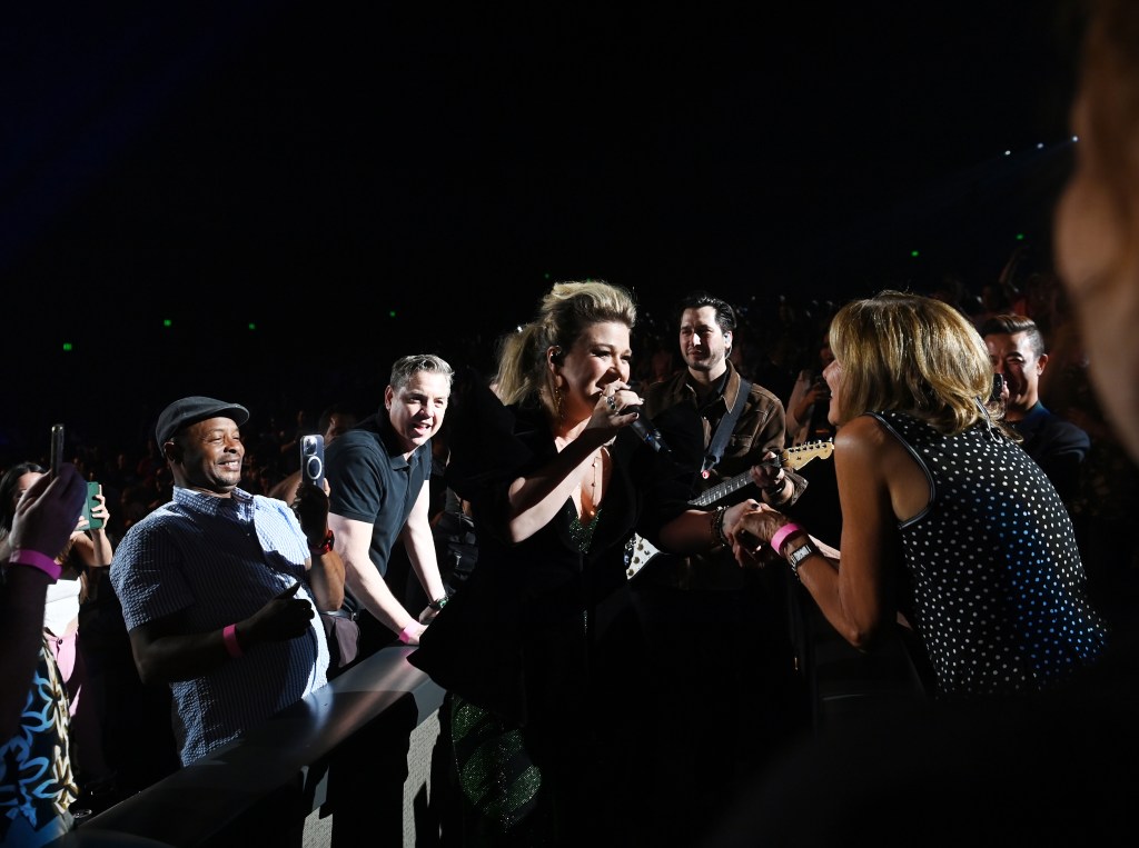 The already excited crowd erupted into screams and applause at that moment as the singer appears to engage the woman in conversation. 