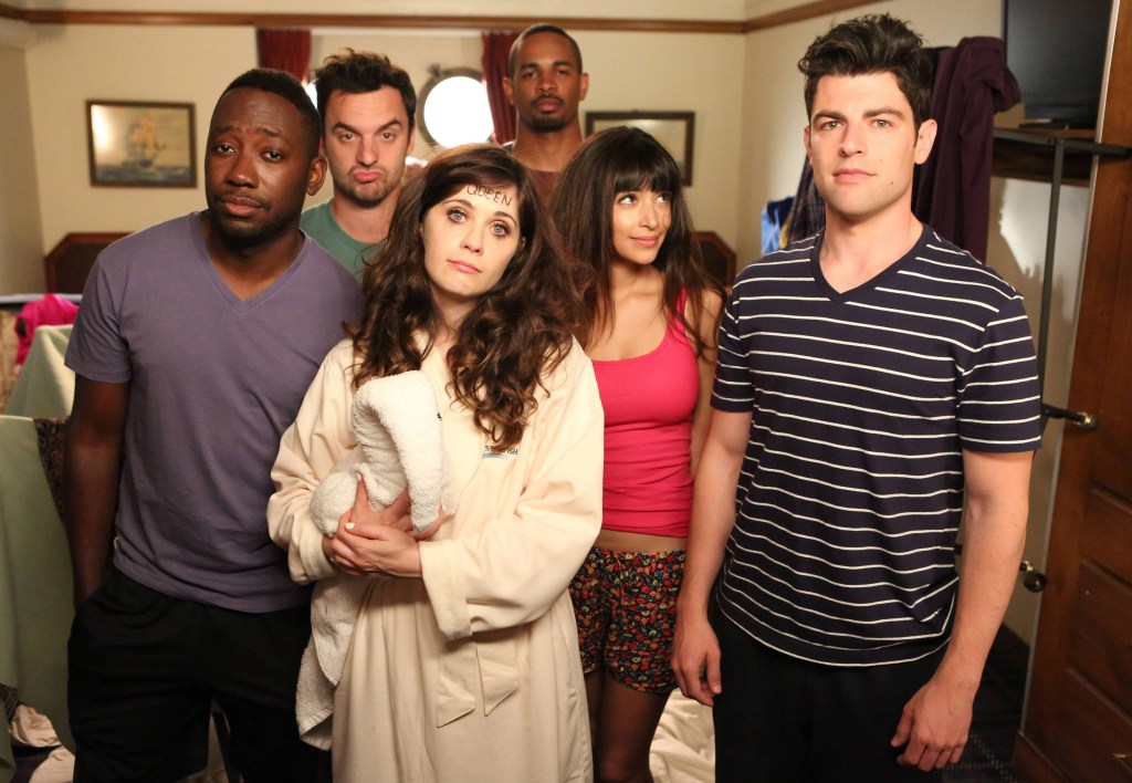 Zooey Deschanel with the cast of "New Girl" in 2014: Lamorne Morris, Jake Johnson, Damon Wayans, Hannah Simone and Max Greenfield. The series aired on Fox from 2011-2018.