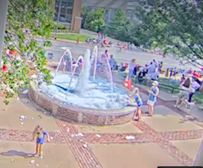 Security footage captured the two teenage girls who turned the fountain into a bubble bath.