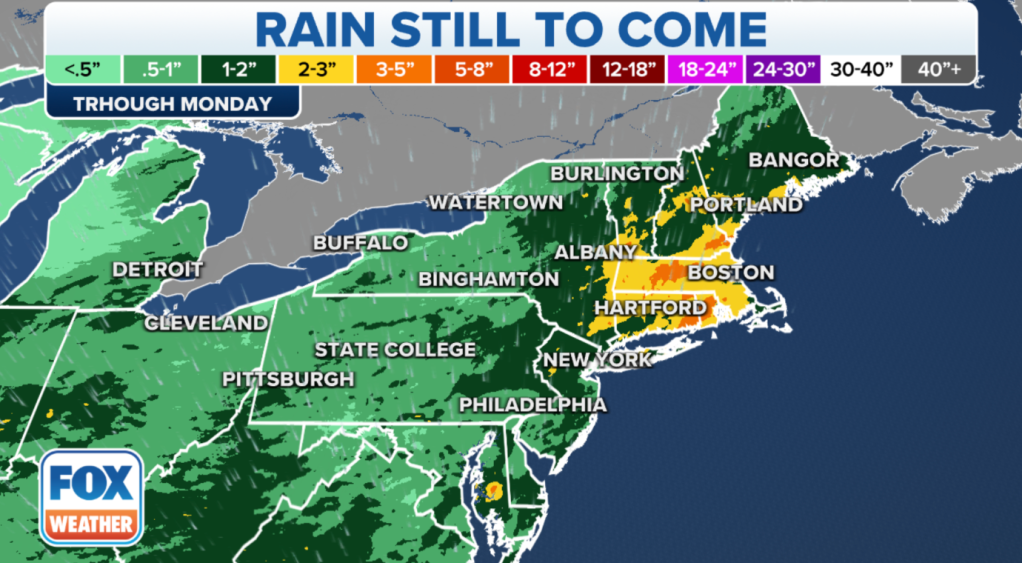 Some cities and towns in the Northeast received over 9 inches of rain since Sunday. 