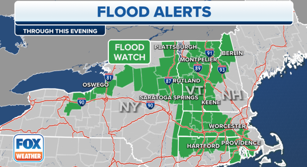 There are flash flooding alerts in upstate New York, Interior New England and upper Ohio Valley through Friday. 