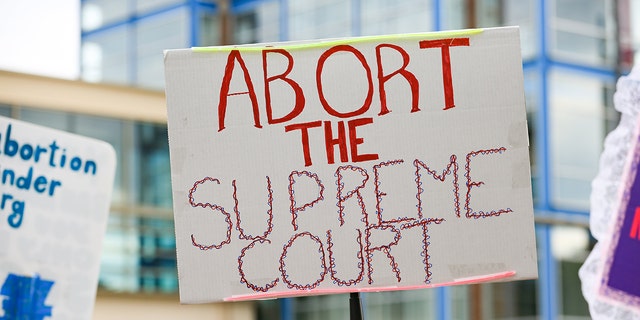 Abortion rights demonstrators gather near the Hubert H. Humphrey School of Public Affairs at the University of Minnesota in Minneapolis, Minnesota