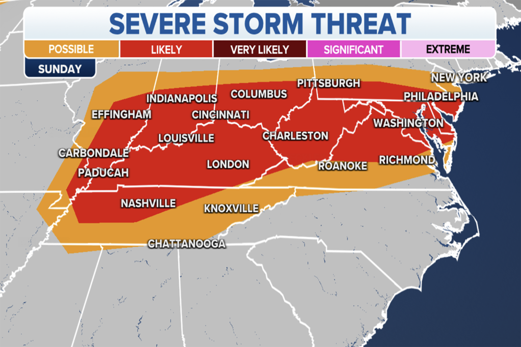 The severe weather threat on Sunday extends from the Mississippi River to the Eastern Seaboard, bringing on showers and storms. 