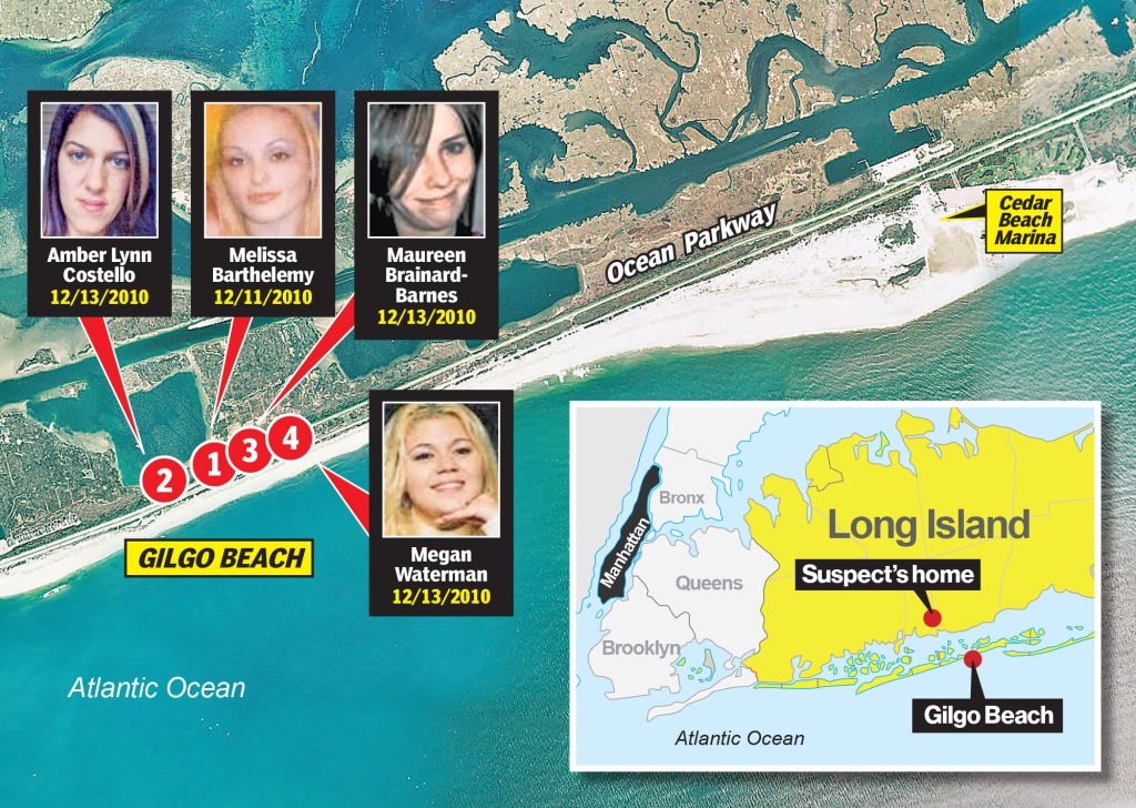 A map of where four victims were found alongside the Ocean Parkway and the suspect's home in Long Island.
