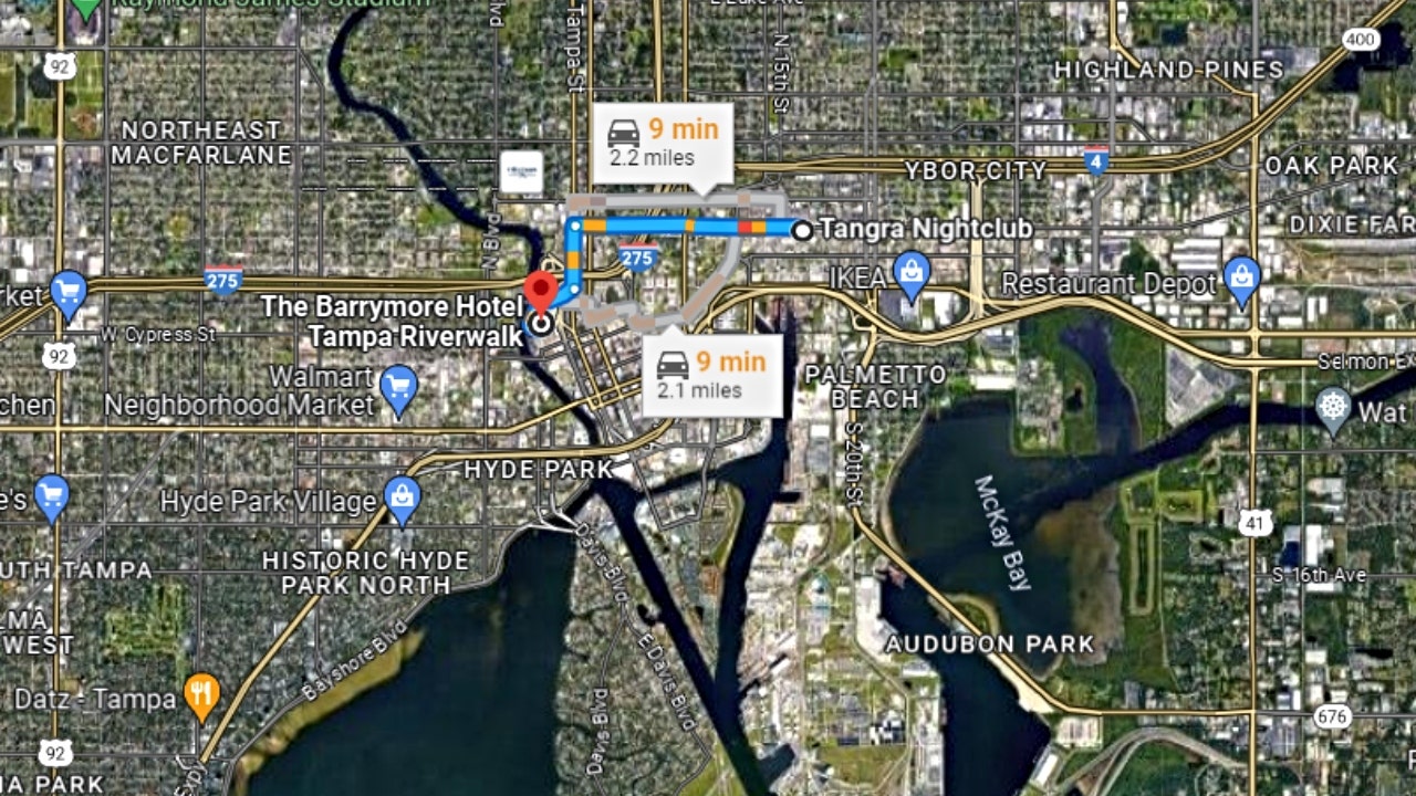 A map shows the driving distance from Tangra Nightclub to the Barrymore hotel.