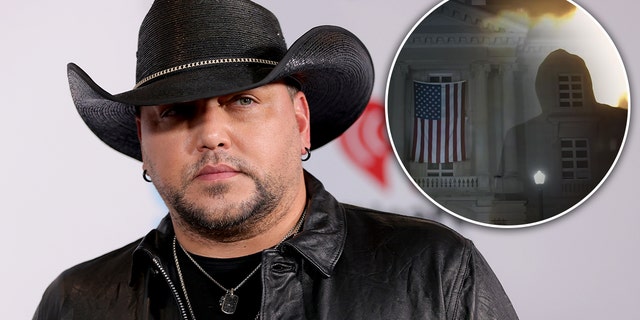 Jason Aldean looks serious in a black cowboy hat inset circle of "Try That In A Small Town" video