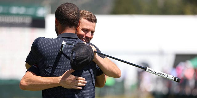 Mardy Fish congratulates Steph Curry on winning the American Century Championship