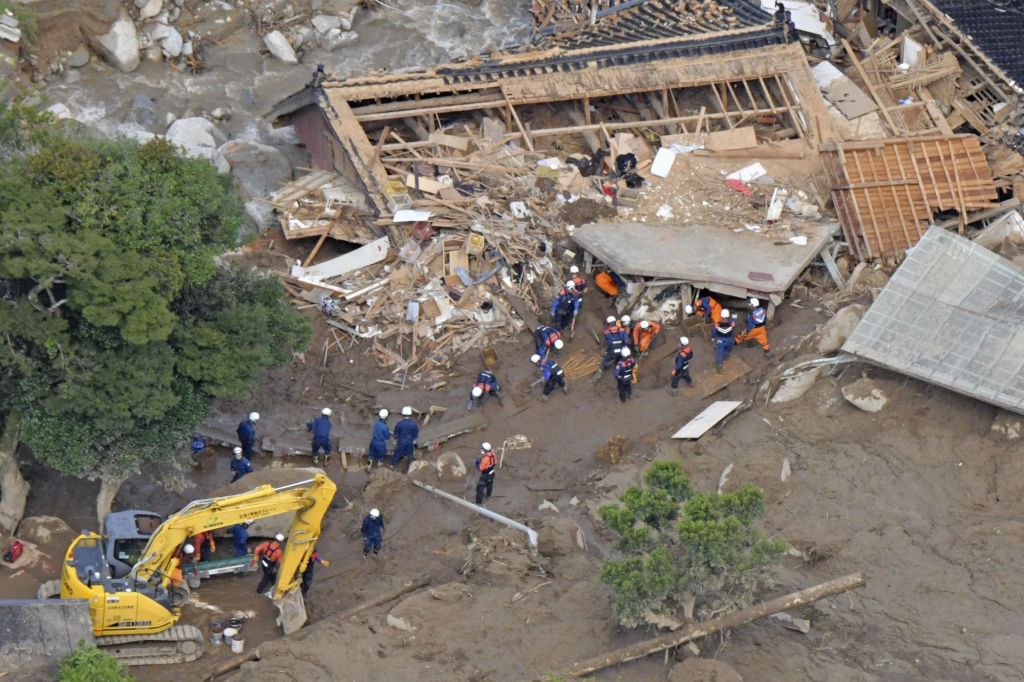 Photo taken from a Kyodo News helicopter shows another rescue operation in Saga Prefecture, southwestern Japan, on July 11, 2023, following heavy rain.