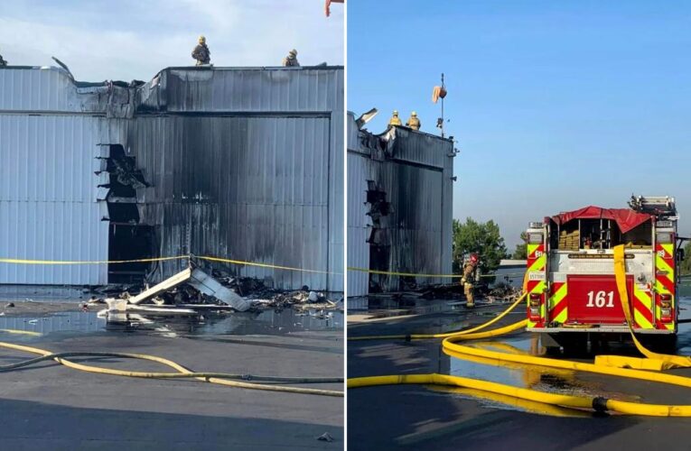 3 killed after small plane crashes into hangar at California airport, catches fire