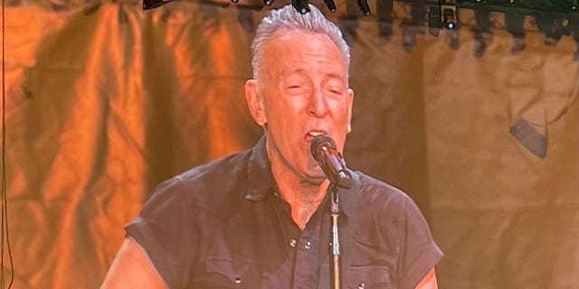 Bruce Springsteen sings into microphone during performance on stage