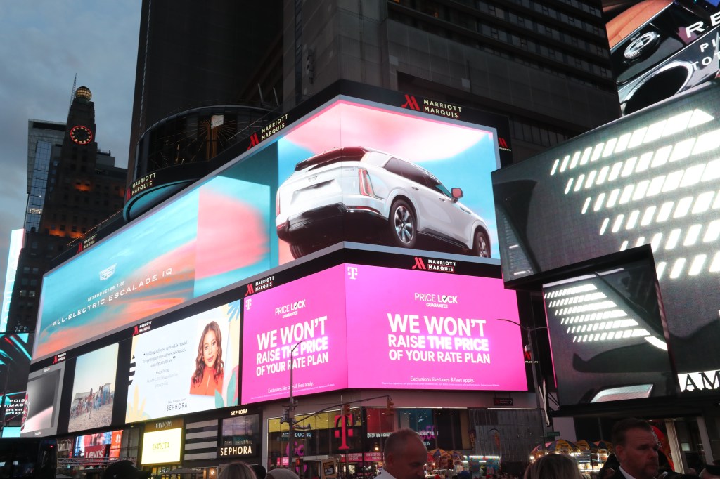 The Cadillac car reveal displayed their new fully electric Cadillac Escalade, a $130,000 luxury vehicle, in New York City Times Square on August 9, 2023.   