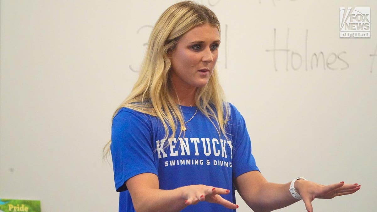 Riley Gaines speaks to a crowd