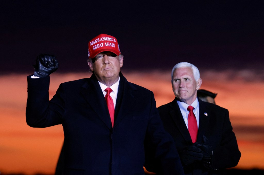 President Donald Trump and Vice President Pence attend a campaign rally at Cherry Capital Airport in Traverse City, Michigan, U.S., November 2, 2020.