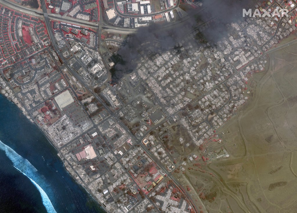 A satellite image shows an infrared overview an area in Lahaina, Maui County, Hawaii, on August 9, 2023. 