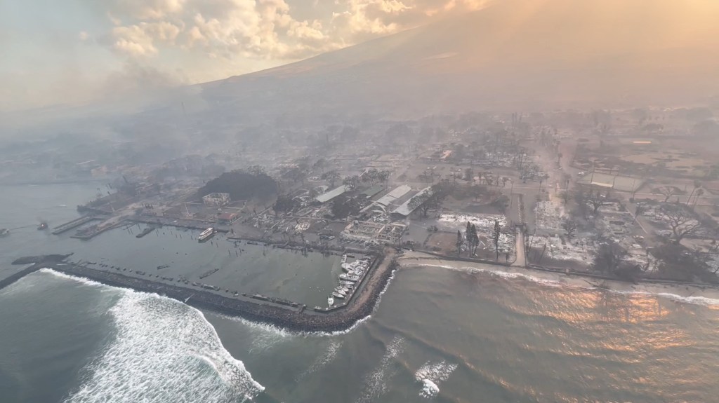 An aerial view of damaged areas amidst wildfires in Maui, Hawaii, on August 9, 2023. 