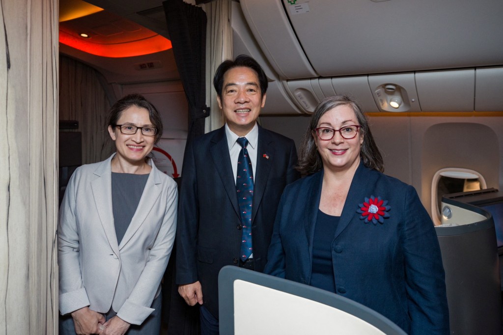 Taiwan's Vice President William Lai poses with Hsiao Bi-khim, Taiwan's top representative in U.S. and Ingrid D. Larson, Managing Director of the American Institute in Taiwan, upon his arrival in the U.S., in this handout picture released on August 13, 2023.