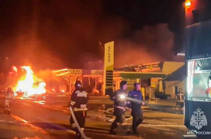 Fire crews respond to the  explosion at the petrol station in Makhachkala, Russia, on Aug. 15. 